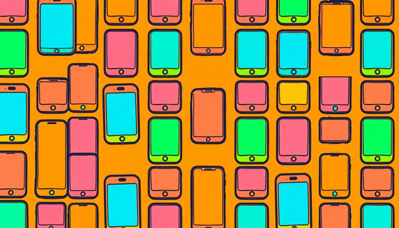 A bold, abstract silkscreen illustration featuring a stylized smartphone icon repeated in a grid pattern, rendered in a vibrant neon color palette with heavy black outlines, conceptually representing the pervasive presence of mobile devices in modern student life.