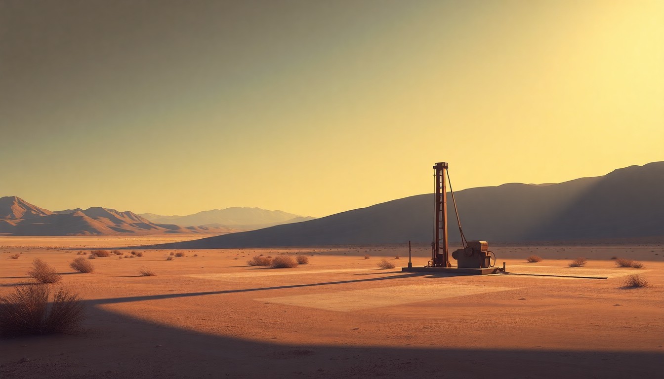 A serene oil pump in a desert landscape, painted in warm, muted tones with dramatic shadows, conveying a sense of quiet contemplation about the management of natural resources.