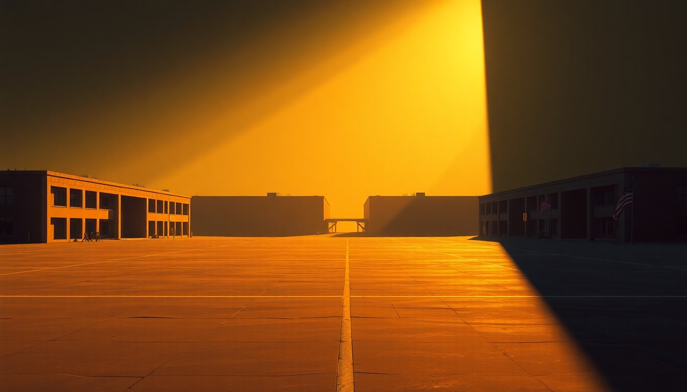 A serene, cinematic painting of an empty military parade ground, with warm sunlight casting long shadows across the pavement, evoking a quiet contemplation of loss and sacrifice.