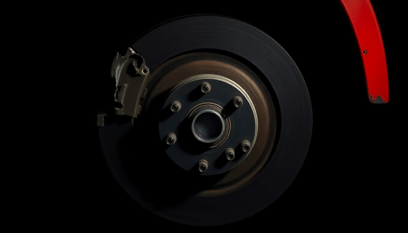 An extreme close-up of a heavily damaged truck brake rotor, the metal surface scarred and discolored, conveying the dangerous consequences of brake failure in commercial vehicles.