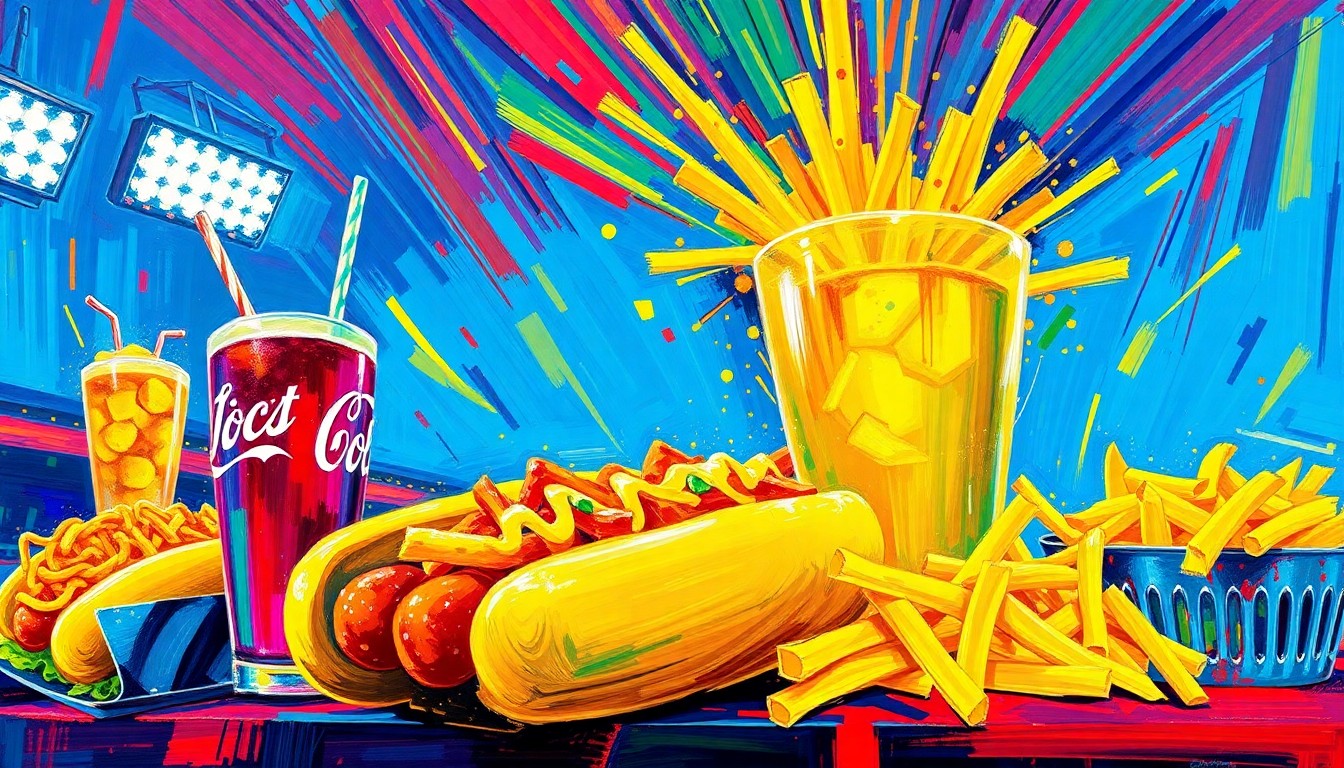 A vibrant, textured painting in neon colors depicting a variety of large, creative ballpark food items like hot dogs, nachos, and cocktails, conceptually representing the bold flavors and energy of the Colorado Rockies' new culinary offerings.