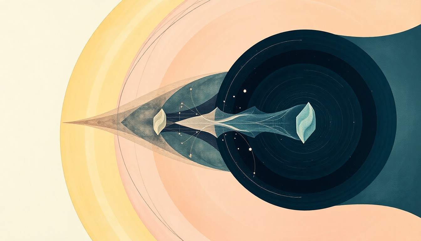 A highly structured abstract painting in soft blues, greens, and grays, featuring sweeping geometric arcs, concentric circles, and precise botanical spirals, conceptually representing the complex scientific forces and metabolic processes behind the rare kidney disease Primary Hyperoxaluria Type 2.