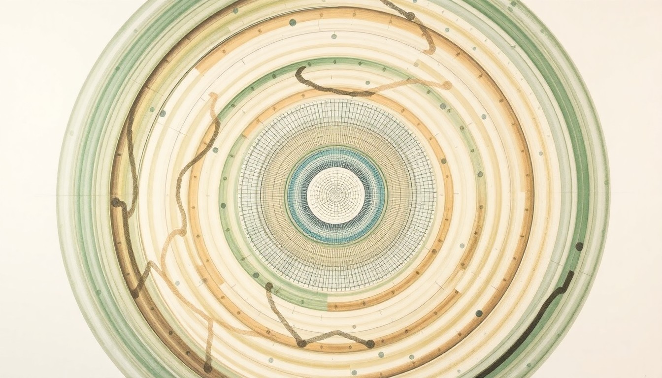 A highly structured abstract painting in soft, earthy tones of green, brown, and blue, featuring sweeping geometric arcs, concentric circles, and precise spiraling forms that conceptually represent the complex physics of a racetrack quantum cascade laser generating a stable frequency comb in the mid-infrared spectrum.
