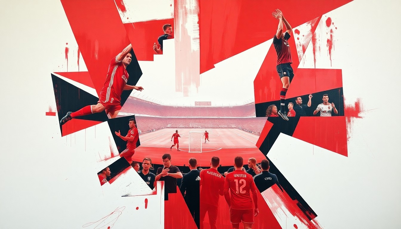 A cubist, geometric painting depicting a fragmented, multi-angled view of a Manchester United football match, with sharp planes of red, white, and black representing the dynamic action on the pitch.