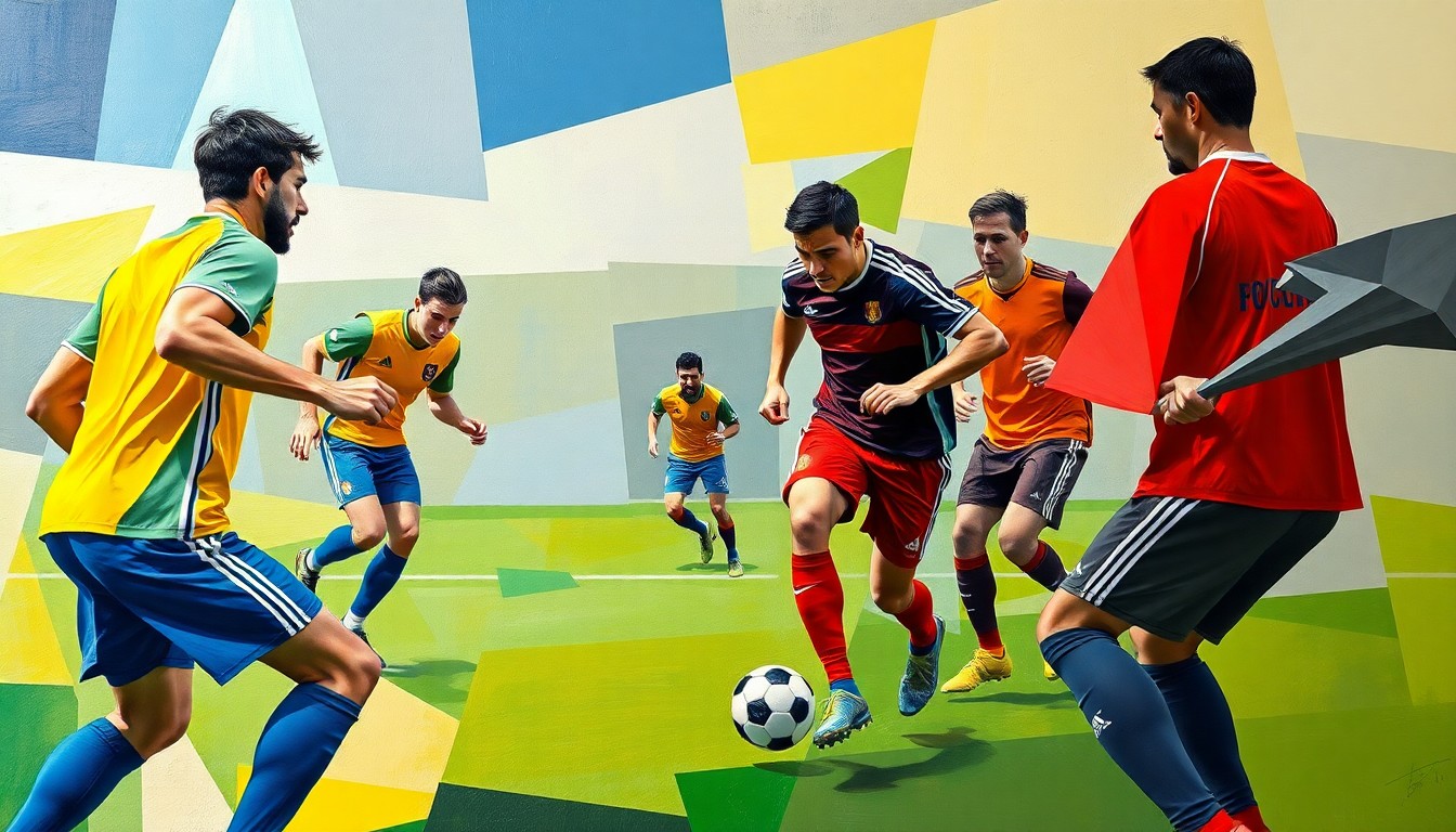 A cubist, geometric painting depicting the abstract forms of football players and a ball on a field, with sharp, overlapping planes of color and shape.