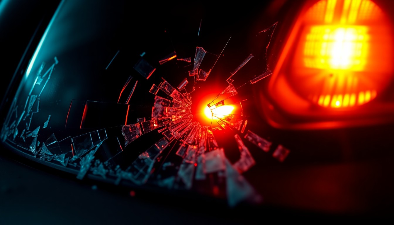 An extreme close-up of a shattered car sensor lens reflecting a faint red light, conceptually illustrating the vandalism of a high-value vehicle.