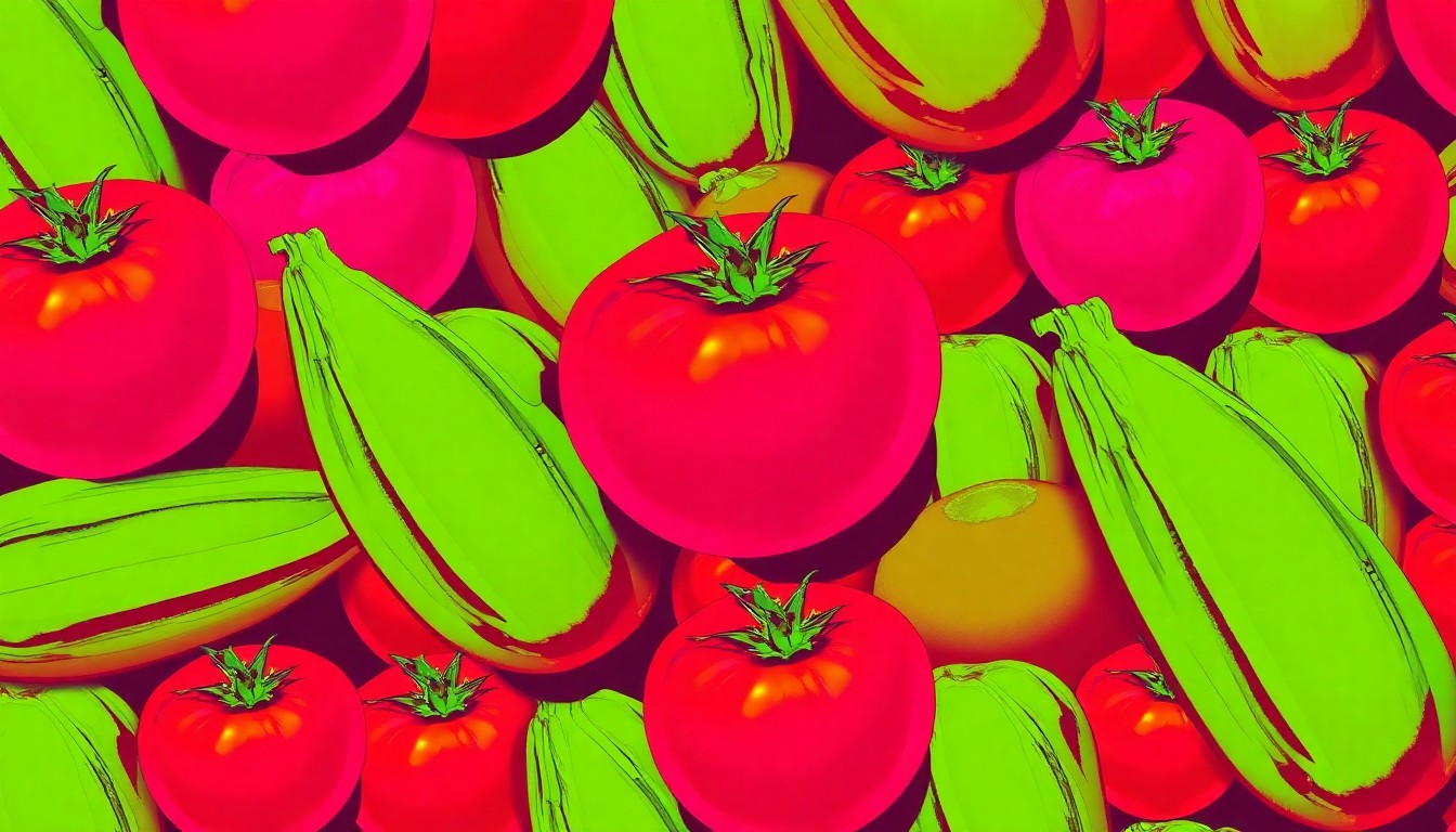 A brightly colored, high-contrast silkscreen print of a fresh tomato repeated in a tight grid pattern, utilizing flat, vibrant neon colors and heavy black outlines to transform an everyday farmers market item into modern pop art.