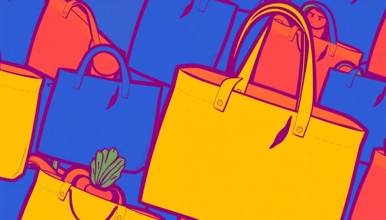 A brightly colored, high-contrast silkscreen print of a reusable grocery bag in shades of neon green, orange, and pink, repeated in a tight grid pattern to capture the celebratory energy of a community-focused retail milestone.