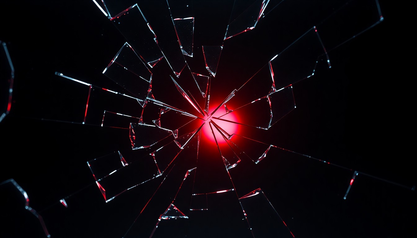 An extreme close-up of shattered glass reflecting a faint red light, conceptually representing the legal tensions and high-stakes nature of the dispute between the two actors.