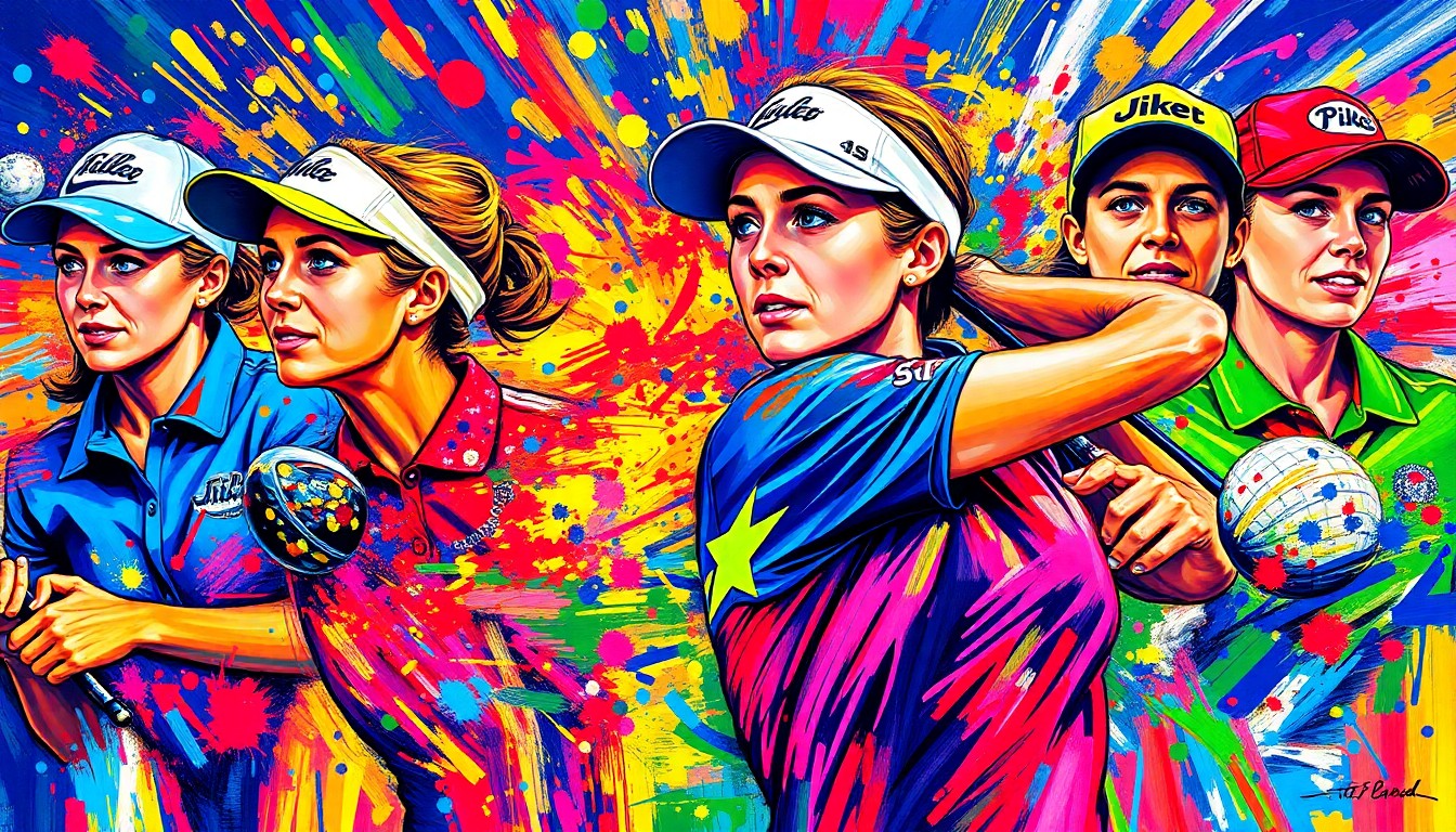 An abstract, expressionist painting in vibrant neon colors, capturing the dynamic energy and movement of a women's golf tournament with faces and logos dissolving into unrecognizable splatters of color.