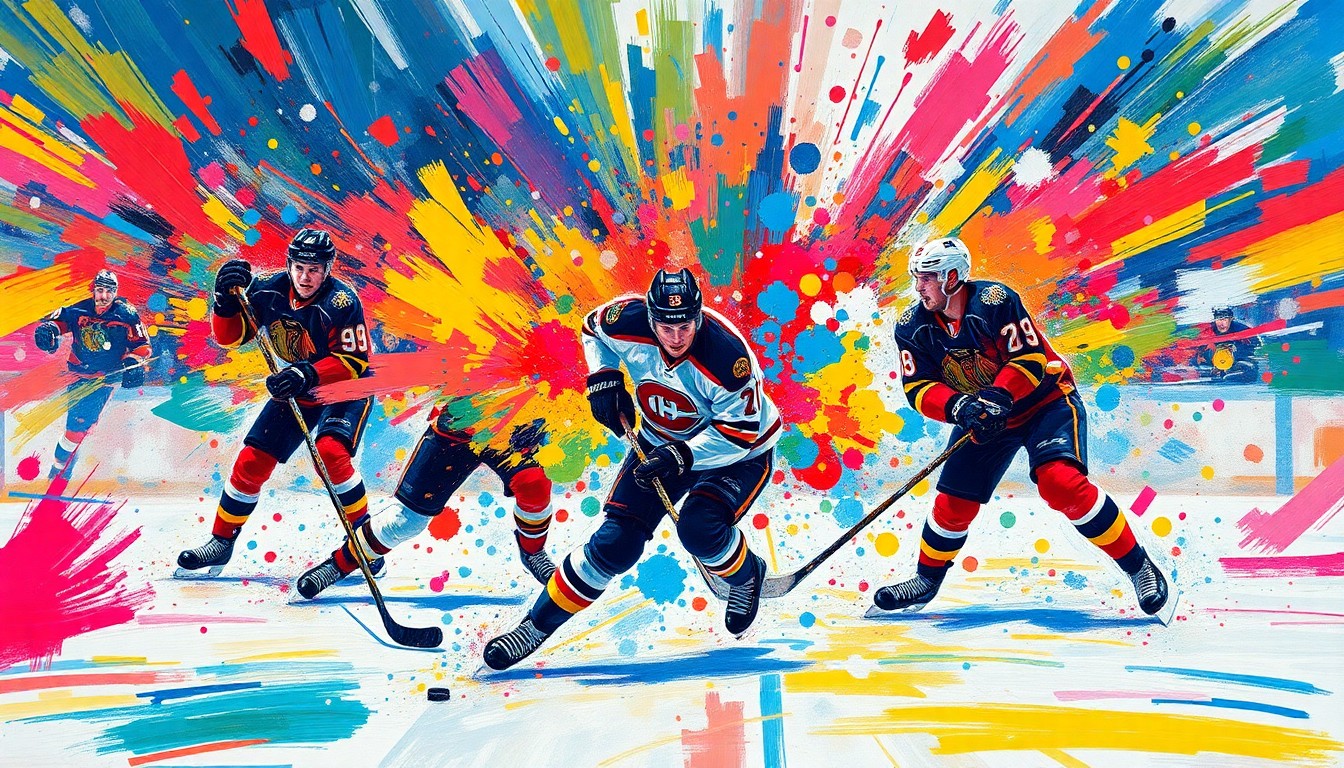 An abstract, energetic painting in neon colors depicting the chaotic action of a hockey game, with players' figures blurred into vibrant brushstrokes.