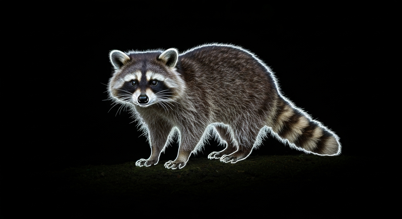 A minimalist neon outline of a raccoon against a dark background, conveying the urgency and electricity of a public health warning about a rabid animal in the community.