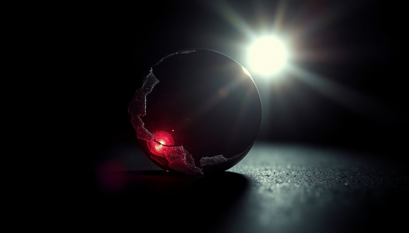 An extreme close-up of a shattered car sensor lens reflecting a faint red light, conceptually illustrating the vandalism of self-driving cars.