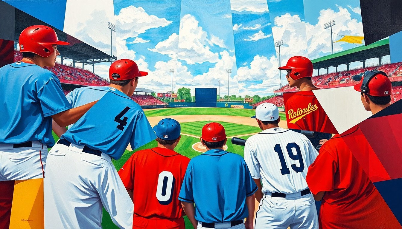 A fragmented, geometric painting depicting the dynamic movements and opposing forces of a high school baseball game, with the players' uniforms and the field itself broken down into sharp, overlapping planes of color.