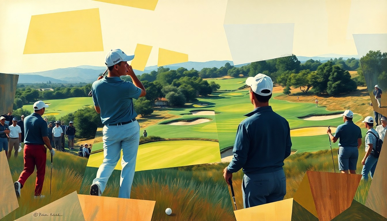 A cubist, geometric painting depicting an abstract golf tournament scene, with the players' forms broken down into sharp, overlapping shapes and the course appearing as a fragmented landscape.