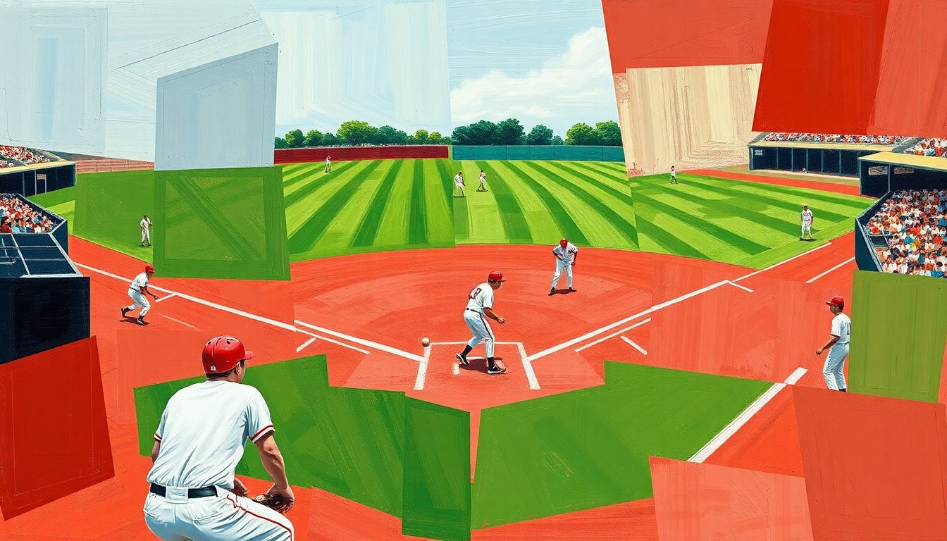 A fractured, geometric painting depicting the chaotic energy of a high school baseball game, with overlapping planes of green, red, and white representing the field, players, and uniforms.