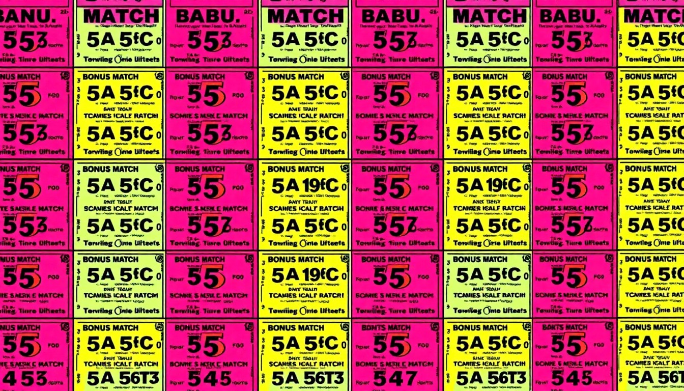 A highly stylized, abstract grid of brightly colored lottery tickets in neon shades of blue, green, and pink, conceptually representing the excitement and financial impact of a major lottery prize in a small town.