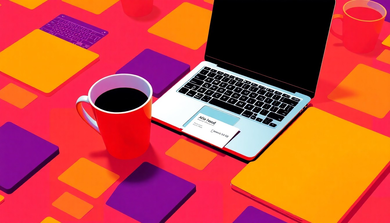 A brightly colored, high-contrast silkscreen print featuring a repeating grid of everyday business objects like a coffee cup, laptop, and business card, rendered in a bold, pop art style that captures the energy and opportunity of a local networking event.
