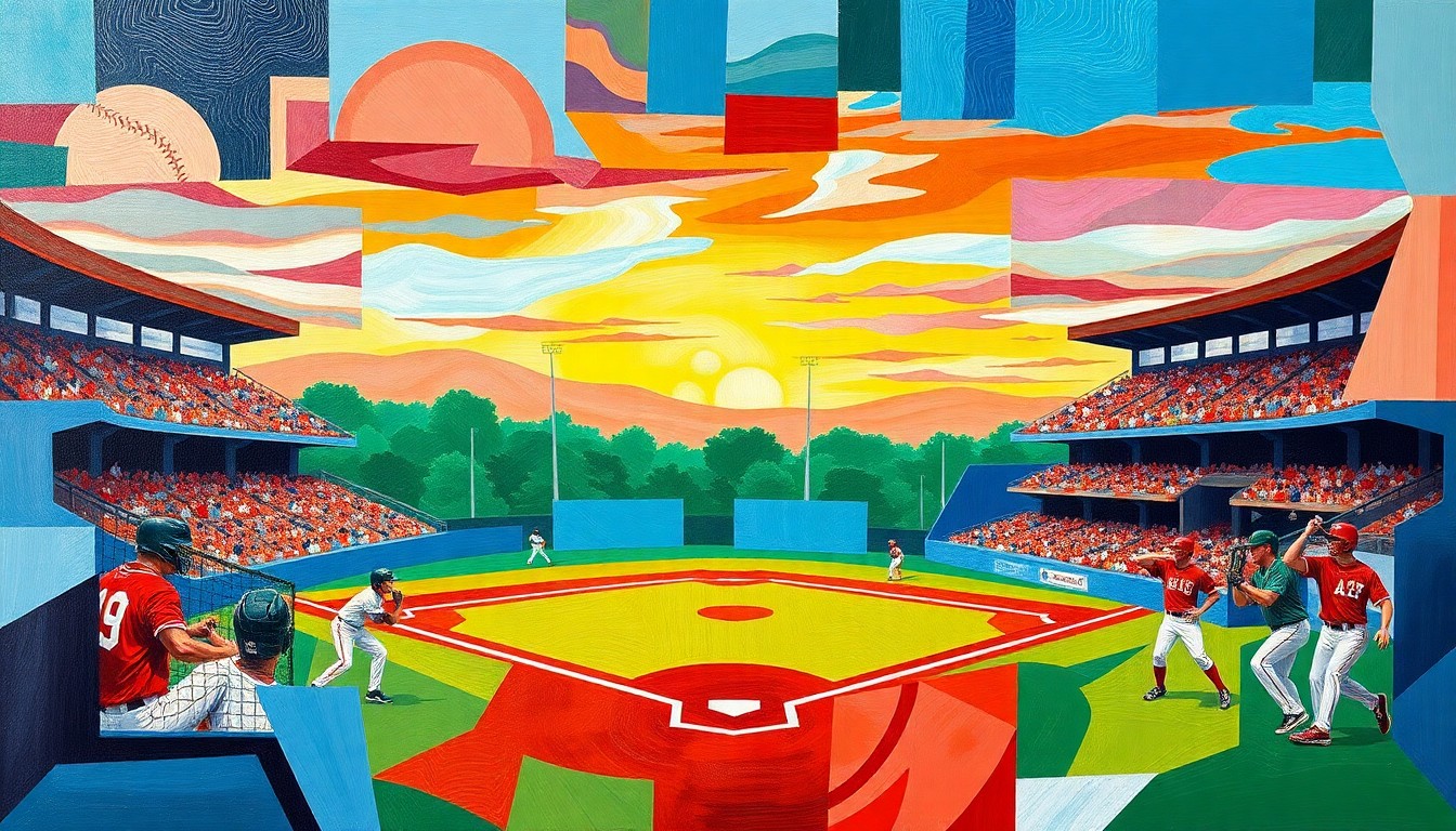 A fragmented, geometric painting depicting a high school baseball game, with the opposing teams' colors and shapes overlapping in an abstract composition.