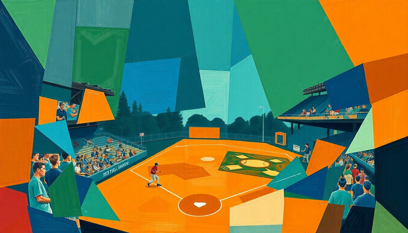 A cubist, geometric painting depicting a high school baseball game, with overlapping planes of navy, green, and orange representing the dynamic action on the field.