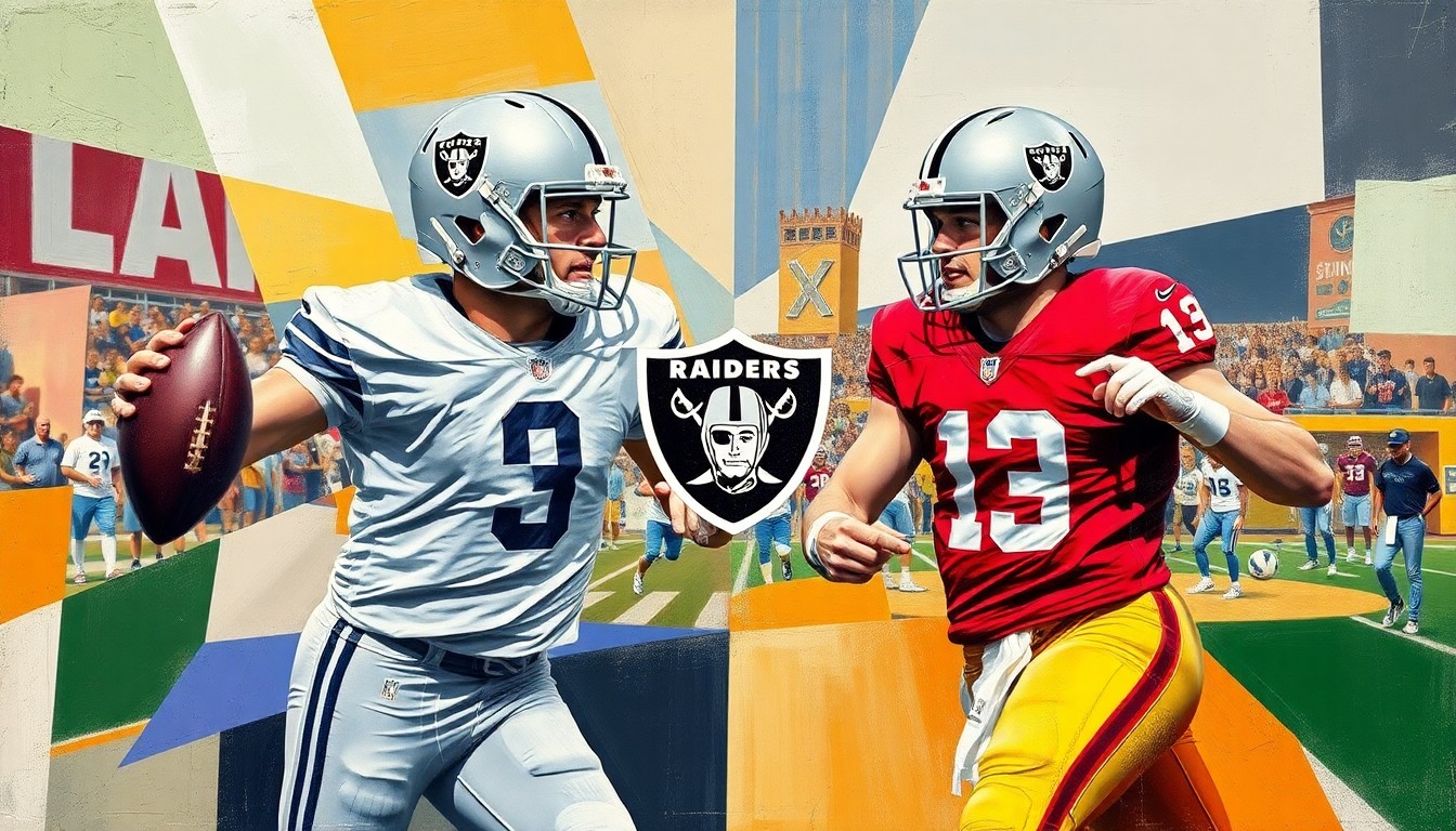 A cubist, geometric painting depicting a football game or practice, with the players and field broken down into sharp, overlapping planes of color and shape, representing the blending of veteran leadership and young talent on the Raiders' roster.