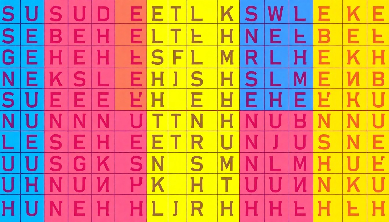 A vibrant, abstract grid of colorful puzzle elements like Sudoku numbers, crossword clues, and Jumble letters, conceptually representing the variety of puzzles USA Today provides solutions for.