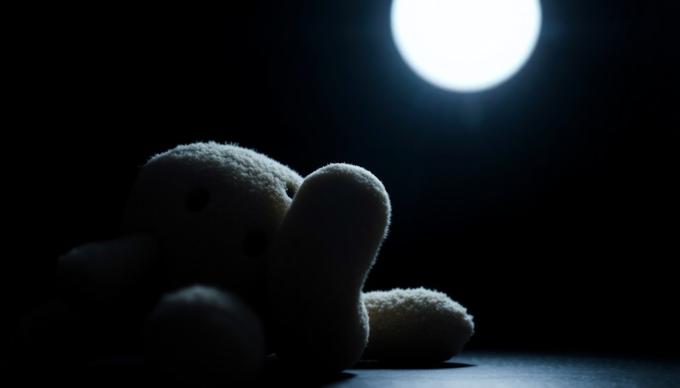 An extreme close-up photograph of a child's stuffed animal, its features obscured by harsh shadows and bright highlights, conveying a sense of vulnerability and the gravity of the alleged crimes.