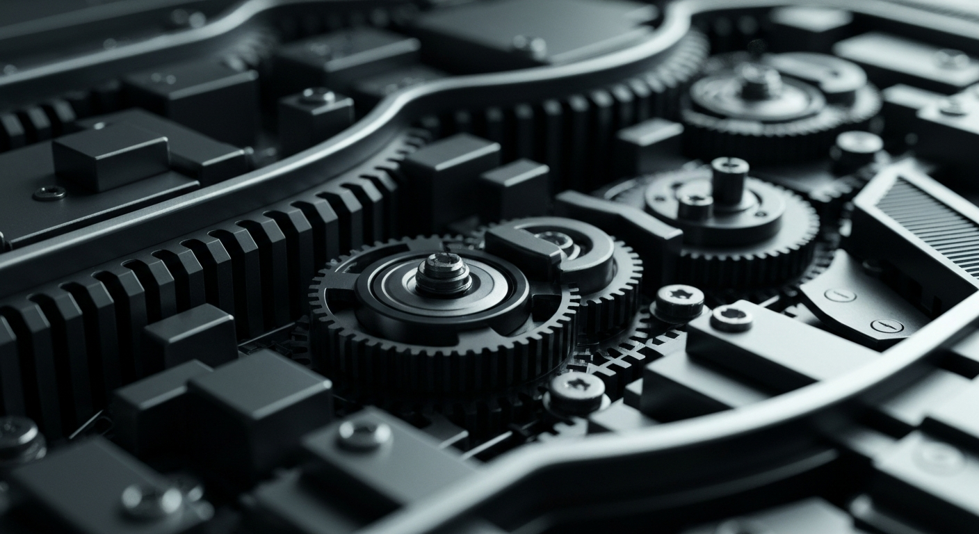 An extreme close-up of the inner workings of a high-tech financial transaction processing machine, with gears, circuits, and metallic components conveying the complexity and power of OwlTing's global payment infrastructure.