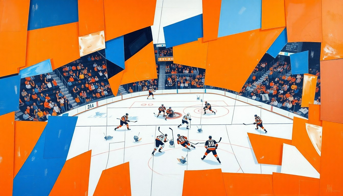 A cubist, geometric painting depicting a hockey game between the Philadelphia Flyers and New York Islanders, with the players and action broken down into overlapping planes of vibrant orange, blue, and white colors.