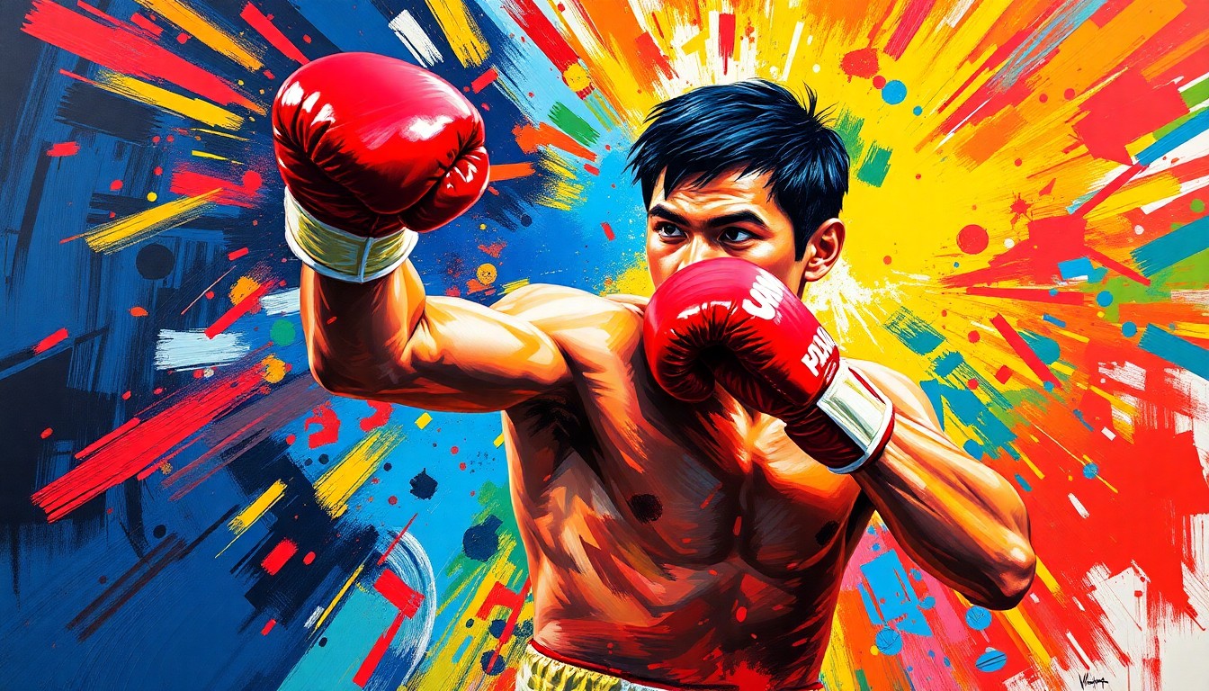 A dynamic, abstract painting featuring bold brushstrokes in neon shades of red, blue, and yellow, conveying the intense energy and physicality of a boxing match.
