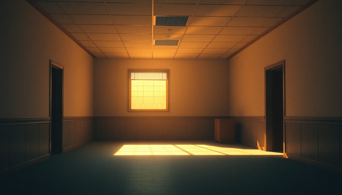 A dimly lit, cinematic painting of an empty government office space, with desks and chairs arranged in a sterile, bureaucratic manner. The room is bathed in warm, diagonal sunlight, creating deep shadows that convey a sense of uncertainty and vacancy.