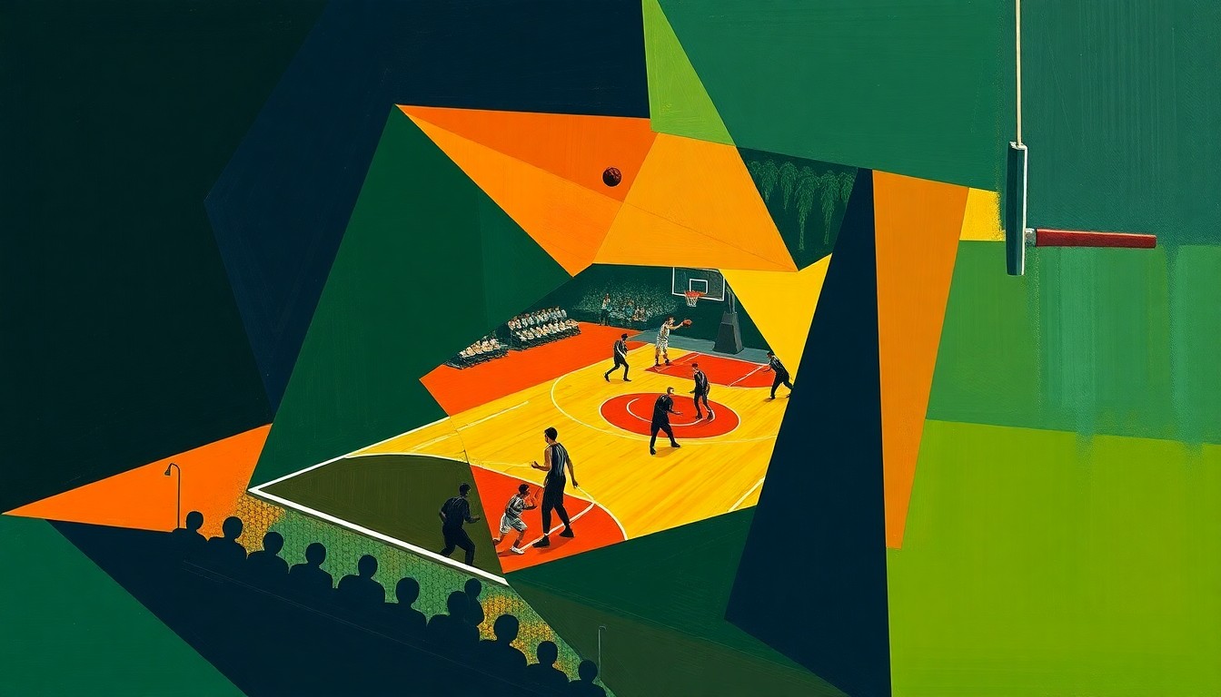 A fractured, geometric painting in navy, green, and orange hues, breaking down a basketball game into sharp, overlapping planes to conceptually represent the tragic incident surrounding Ethan Dietz's death.