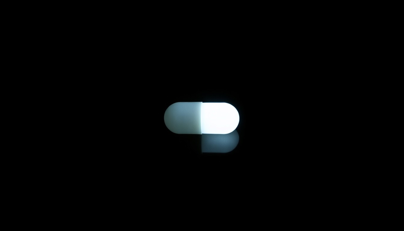 An extreme close-up photograph of a single fentanyl pill or capsule lit by a harsh, direct camera flash against a pitch-black background, conceptually illustrating the stark, gritty nature of the opioid epidemic.
