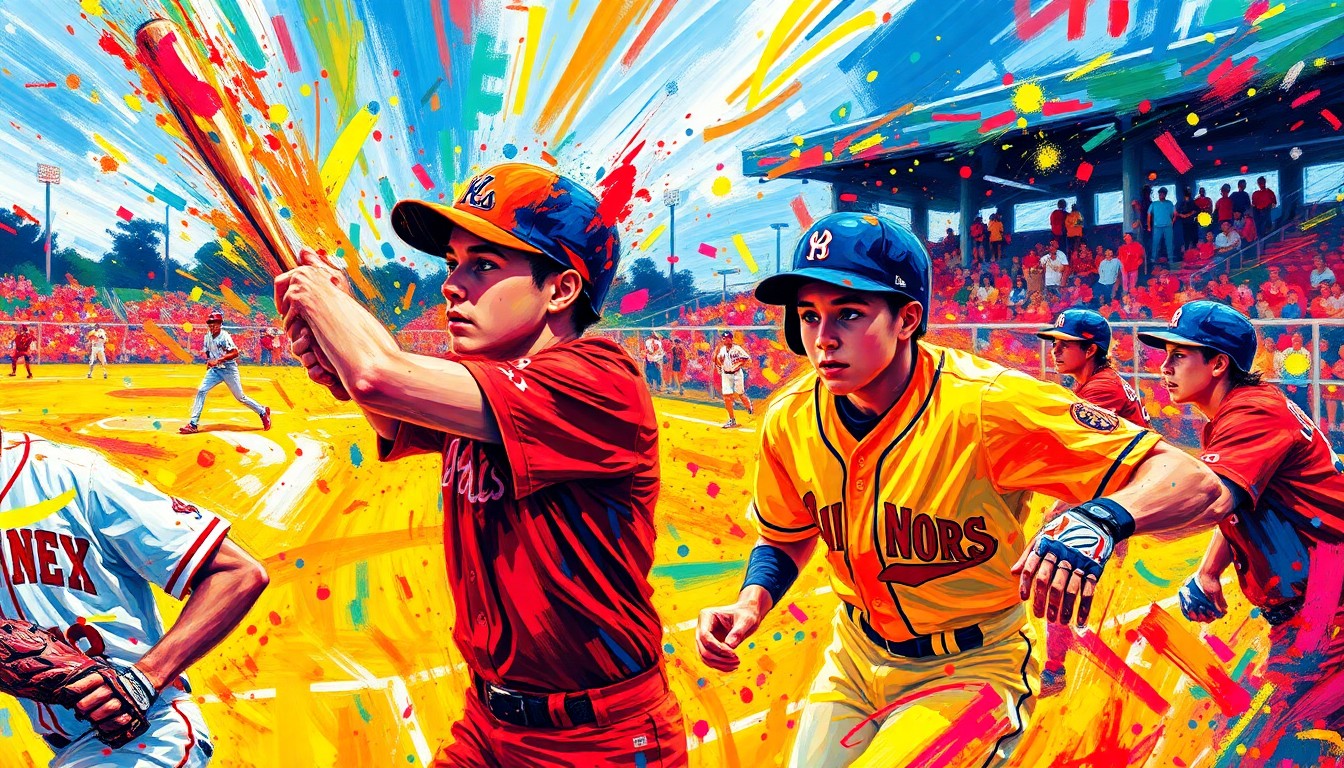 An abstract, expressionist painting in vibrant neon colors capturing the dynamic motion and energy of a high school baseball game, with players' forms dissolving into bold, sweeping brushstrokes.