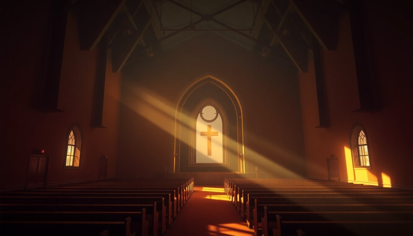 An extreme close-up of an empty church pew, the wood grain and worn cushions bathed in warm, golden light streaming through a stained glass window, conceptually representing the quiet, enduring power of the Black church.