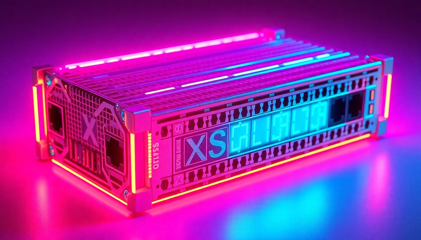 A highly detailed, glowing 3D illustration of a complex, futuristic networking device with intricate metallic textures and neon cyan and magenta lighting, conceptually representing the advanced features and capabilities of the X-ES XChange3050 Ethernet switch.