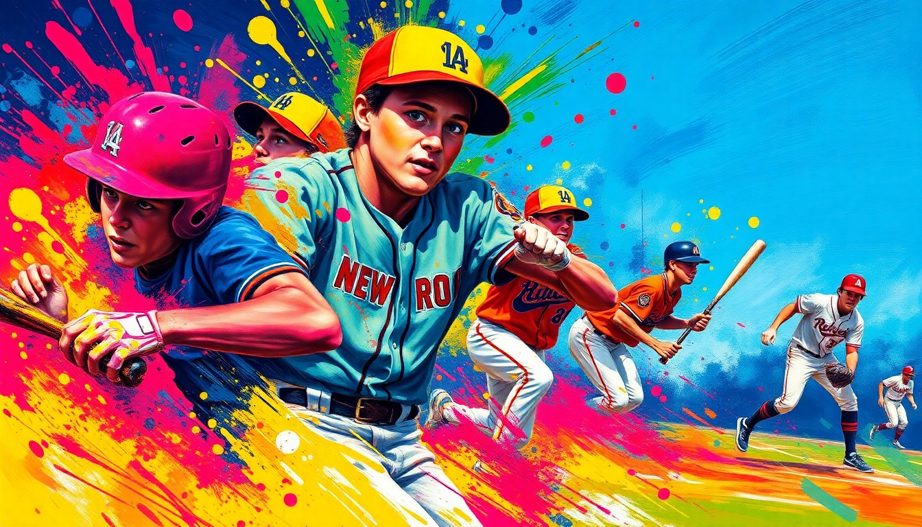 An abstract expressionist painting in vibrant neon colors, featuring dynamic brushstrokes and fragmented shapes that suggest the motion and intensity of a high school baseball game.