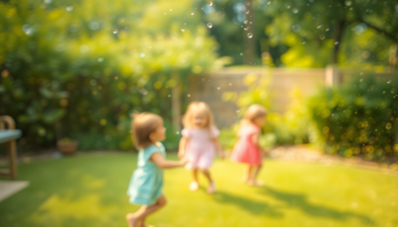 An impressionistic, blurred photograph showing the silhouettes of children playing in a vibrant, green outdoor space, conveying a sense of warmth, safety, and belonging.