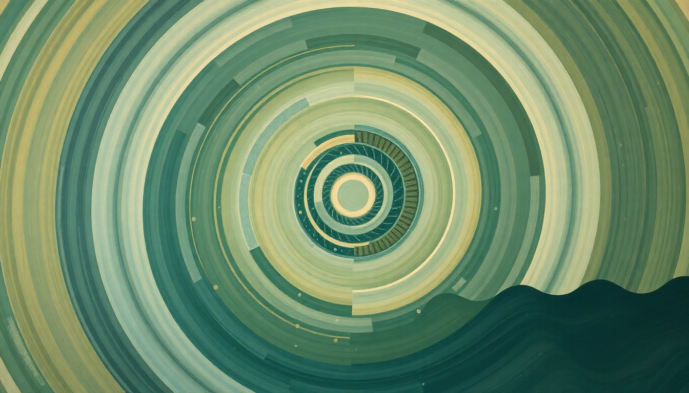 A highly structured abstract painting in muted tones of green, blue, and brown, featuring sweeping geometric arcs, concentric circles, and precise botanical spirals, conceptually representing the complex interplay of chemical forces and microbial ecosystems in the deep ocean.