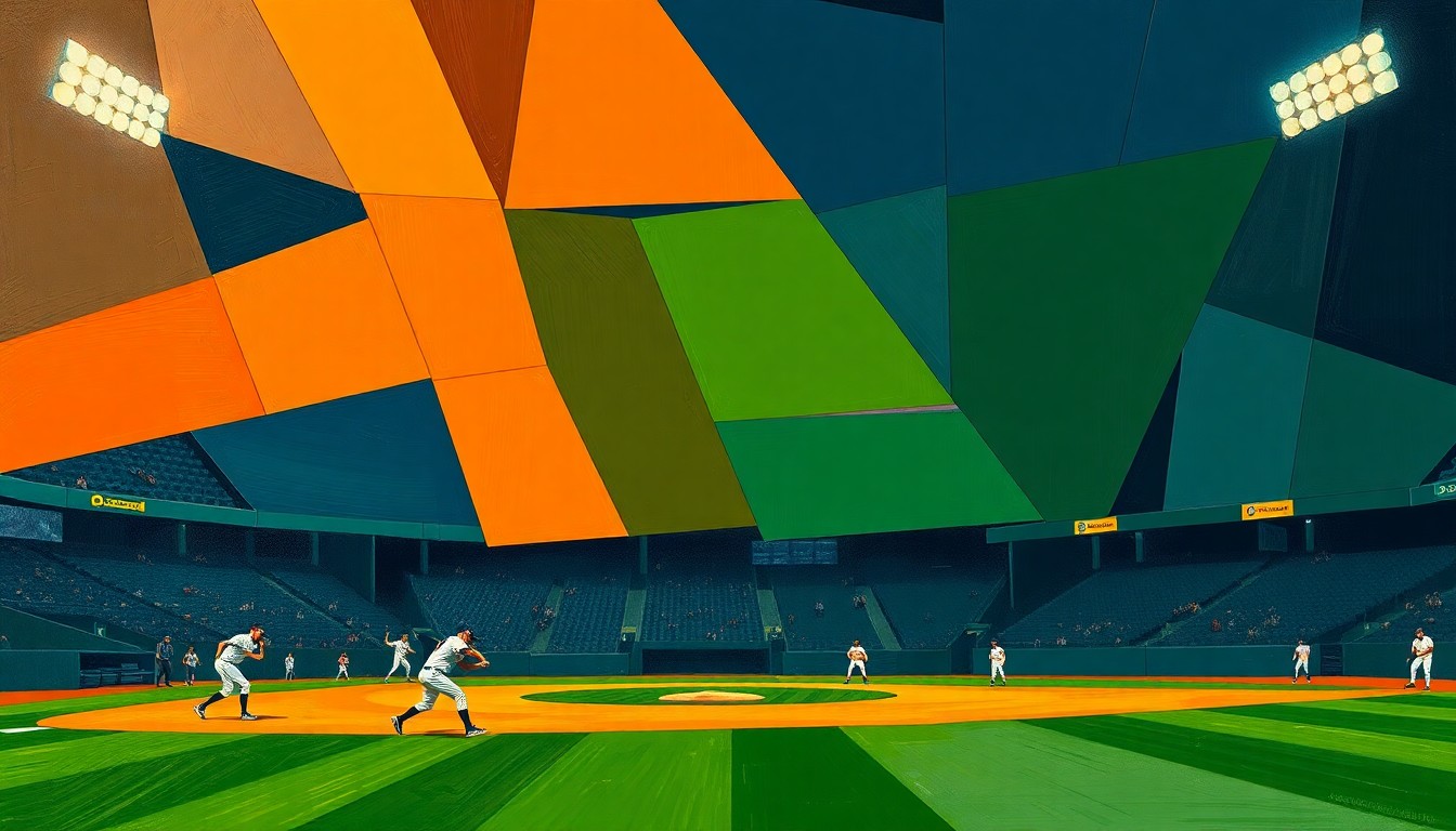 A fractured, geometric painting in navy, green, and orange hues, breaking down a baseball game or match into sharp, overlapping planes, conceptually representing the Padres' early-season challenges.