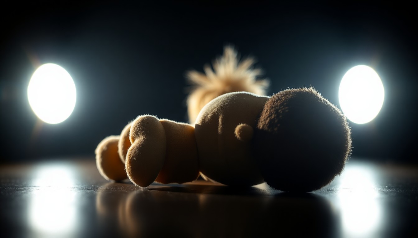 An extreme close-up photograph of a worn, damaged child's toy lit by a harsh, direct camera flash against a pitch-black background, conceptually representing the trauma of child abuse.