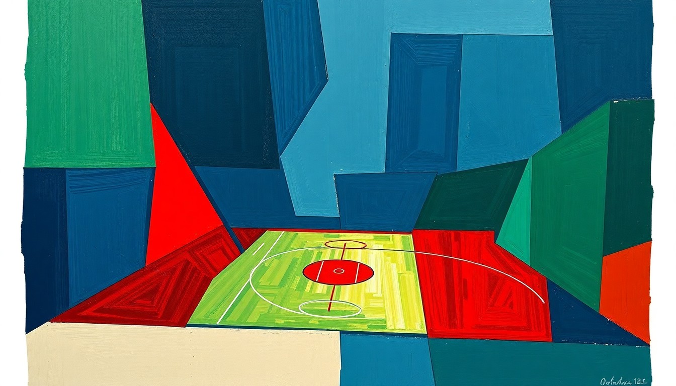 A cubist, geometric painting depicting a basketball game broken down into overlapping planes of navy, green, and red, conveying the Cavaliers' need to re-examine and refine all aspects of their play.
