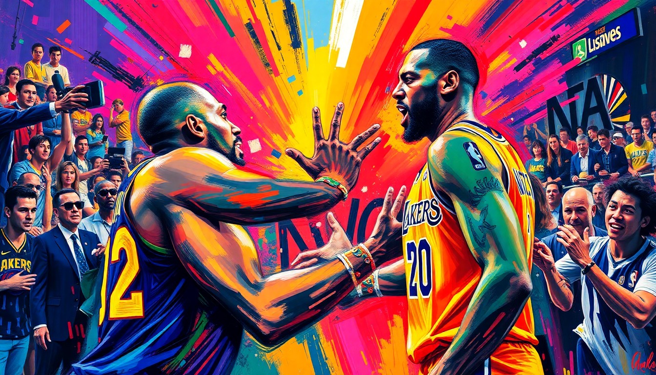 An abstract, expressionist painting in vibrant neon colors depicting the confrontation between a Lakers player and a fan, with the injured player's figure fading into the background, capturing the raw emotion and energy of the moment.