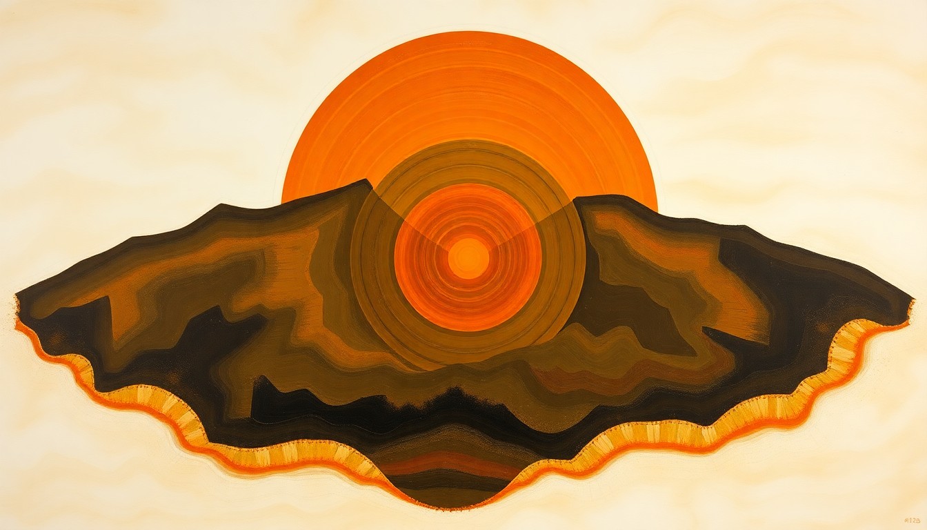 A bold, abstract painting featuring sweeping geometric arcs, concentric circles, and precise spirals in earthy tones, conceptually representing the complex volcanic forces and eruption dynamics of Kilauea.