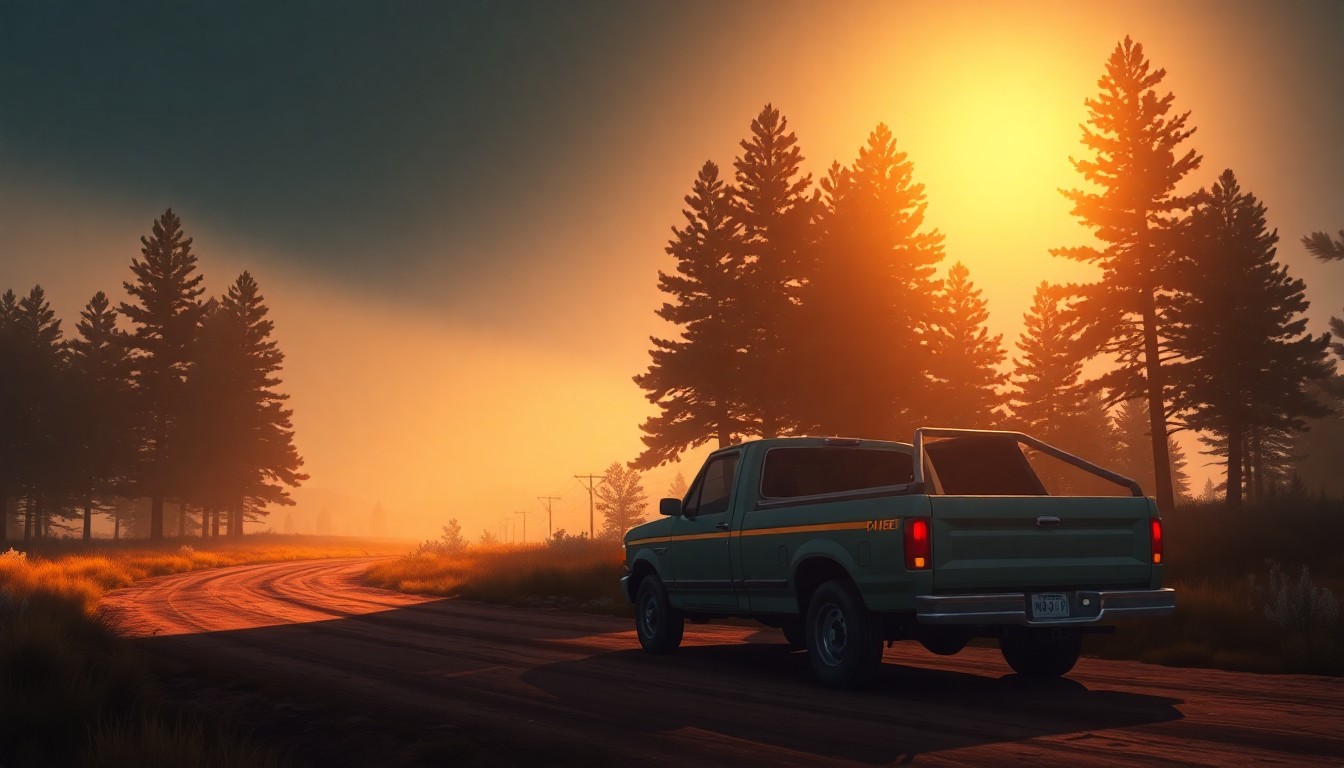 A serene painting of a park ranger's truck parked on a dirt road surrounded by pine trees, with warm sunlight and deep shadows creating a nostalgic, cinematic atmosphere.