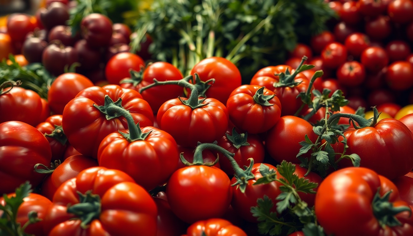 An extreme close-up of a pile of ripe, colorful heirloom tomatoes, their skins glistening under dramatic studio lighting, conceptually representing the high-quality, specialty produce found at a community-focused natural foods cooperative.