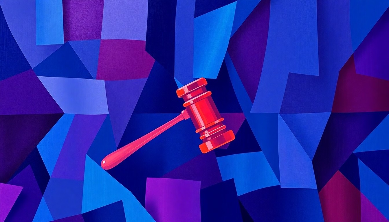 A fragmented, abstract painting of a gavel or other political symbol related to the conversion therapy debate, repeated in overlapping geometric waves of deep blue, purple, and red colors, conveying the fractured political tensions around this issue.