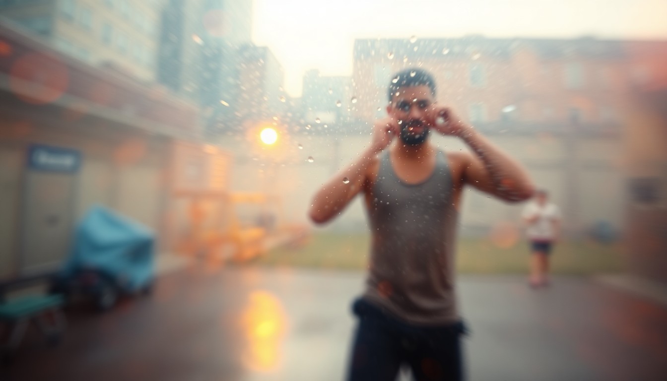 An abstract, impressionistic photograph showing a blurred figure working out in an exercise yard, with soft, warm pools of color and light creating a dreamlike, meditative atmosphere.