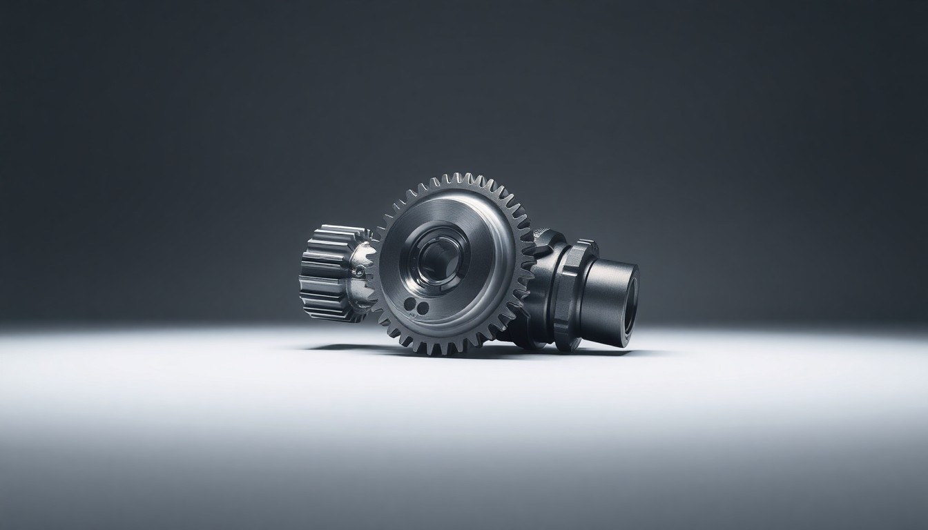 A highly detailed, photorealistic studio photograph of a polished metal gear or engine component, dramatically lit to convey a sense of industrial power and precision.