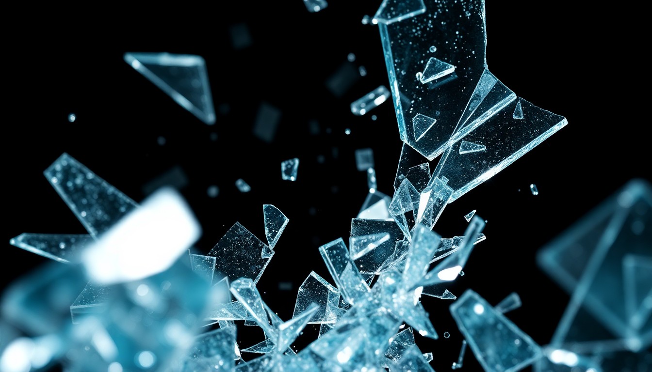 An abstract close-up photograph featuring dramatic, high-contrast lighting on shattered glass and glittering shards, conceptually representing the fragmented emotions and moral dilemmas at the center of the film 'The Drama'.